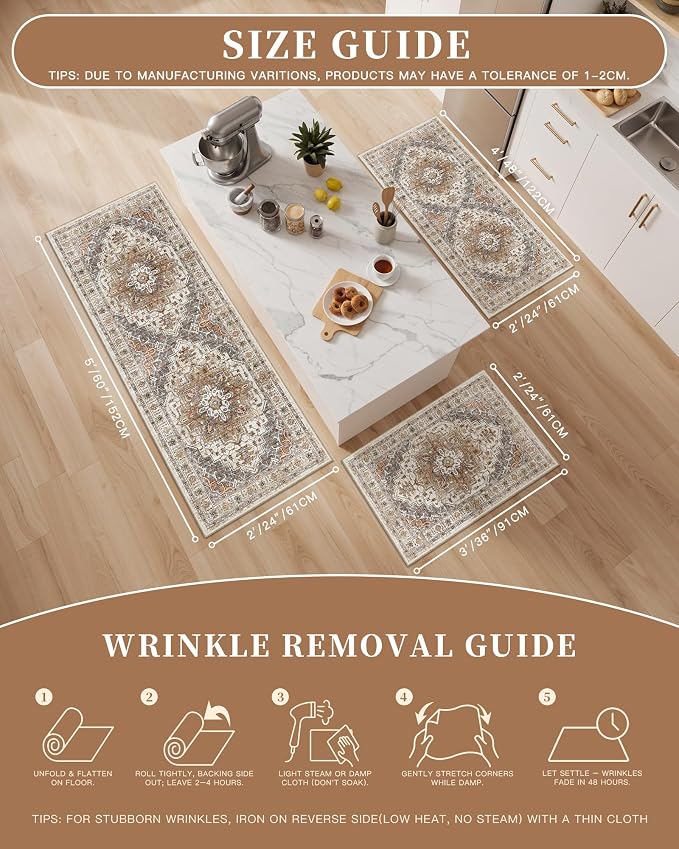 Madane Washable Kitchen Rug Set of 3 Small Area Rugs Non-Slip Turmeric/Grey | - Image 5