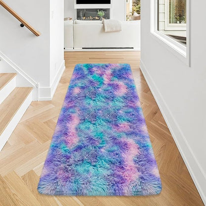 Super Soft Fluffy Living Room Area Rug 2x5 ft Purple Rainbow Tie-Dyed Shaggy - Image 2