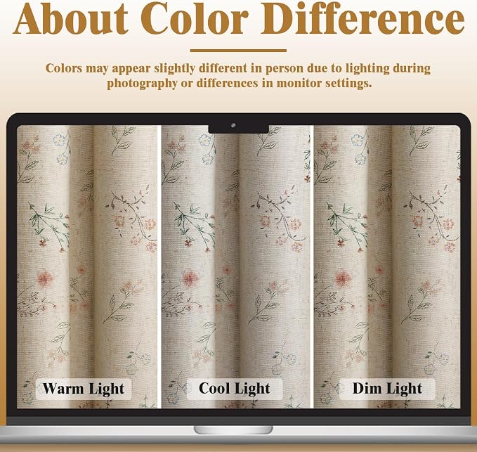 Boho Floral 100% Blackout Curtains 63 Inch 2 Panels Linen Texture | Farmhouse - Image 5