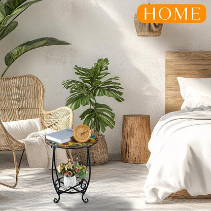 Cinnvoice Outdoor Side Table Round Small Mosaic Patio Accent Indoor End Plant - Image 6