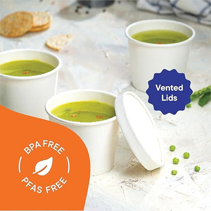 Stack Man Paper Food Container with Lid, Insulated Food Cups with Vented Lids - Hot or Cold To Go Soup Cup, for Soups, Ice Cream and Yogurt - Eco-Friendly - White