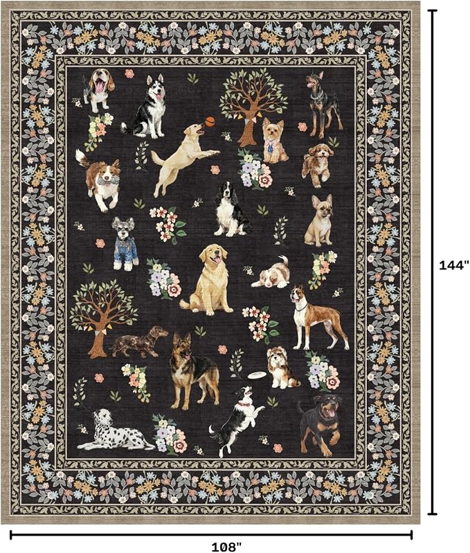 Black Floral Area Rug 9x12 for Living Room Bedroom | Low Pile; Non Slip;Machine - Image 3