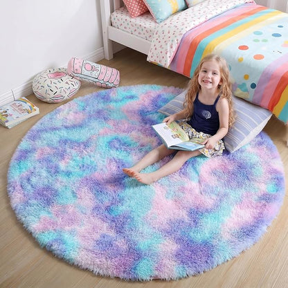 Amdrebio Purple Rainbow Mermaid Shag Round Rug 5Ft by Amdrebio