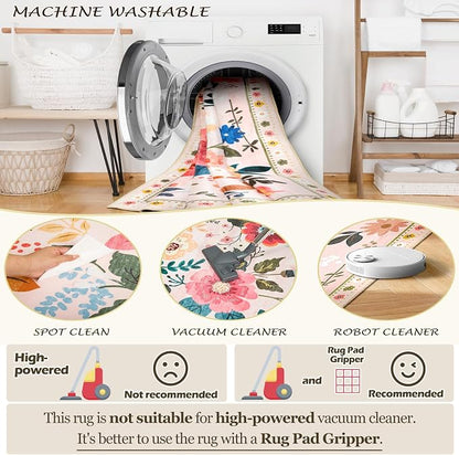 Floral Washable 2x4 Area Rugs Runner Entryway Hallway Pink | Flower Carpet - Image 7