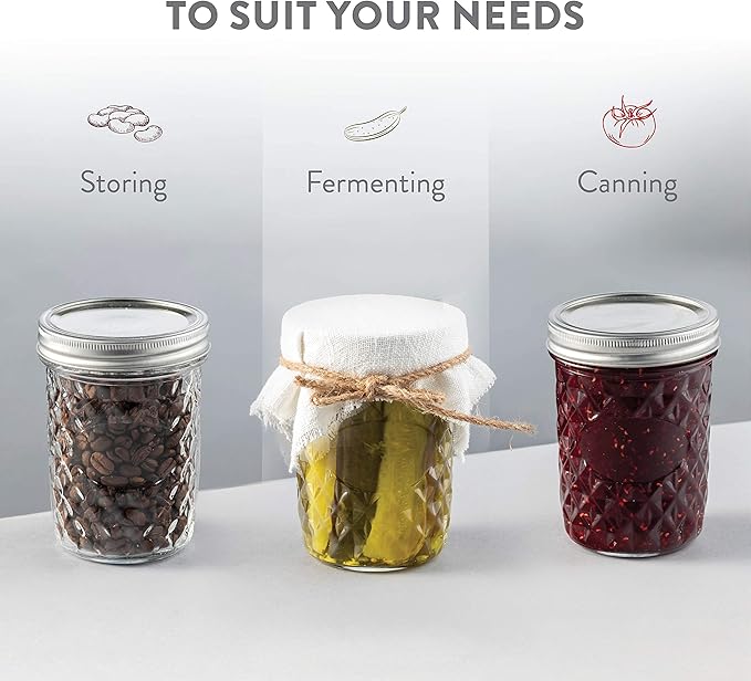 Paksh Novelty Mason Jars 16 oz - 6-Pack Quilted Wide Mouth Glass Jars with Lid & Seal Bands - Airtight Container for Pickling, Canning, Candles, Home Decor, Overnight Oats, Fruit Preserves