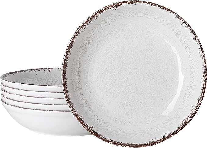 LEHAHA Farmhouse Pasta Bowls, Set of 6, White Melamine Rustic 42 oz Shallow Bowl, Large Salad Bowl, Deep Pasta plate, Dishwasher Safe Serving Bowls.…