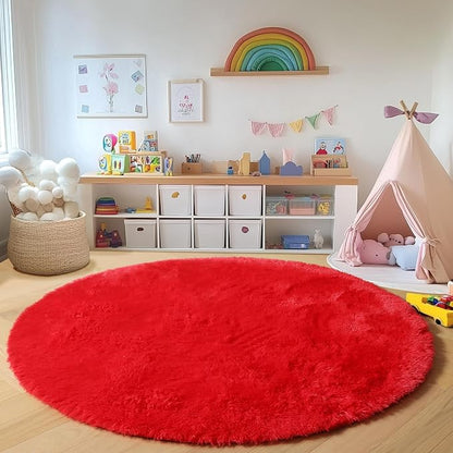 Red Round Area Rug 4ft, Soft Bedroom Circle Rugs Floor Mat - Image 6