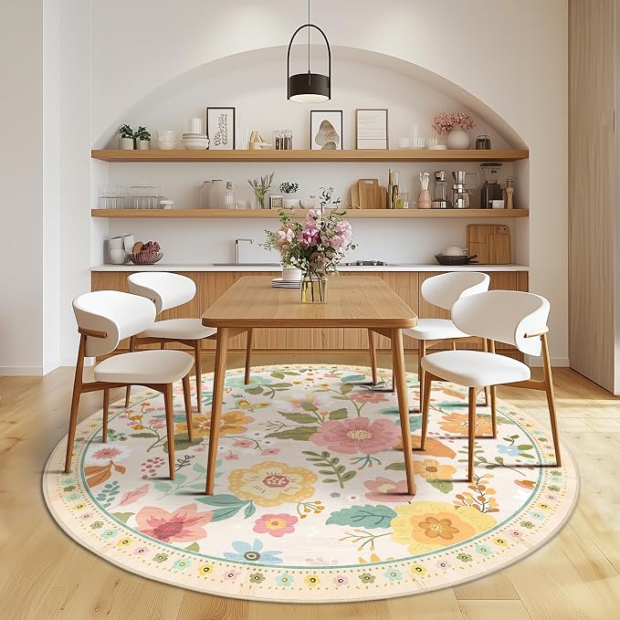 RELEANY Floral Washable Round 4ft Area Rug Beige/White/Orange | Flower Carpet - Image 8