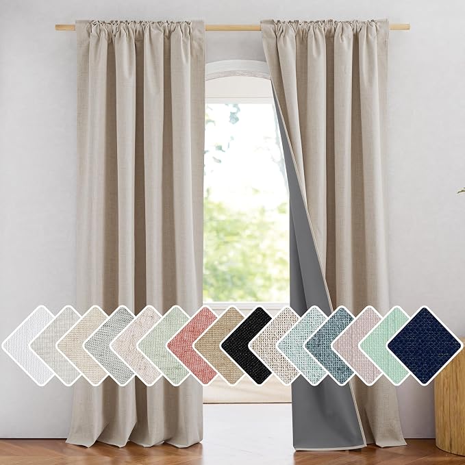 NICETOWN 100% Blackout Natural Linen Bedroom Curtains 95" Length - Image 2