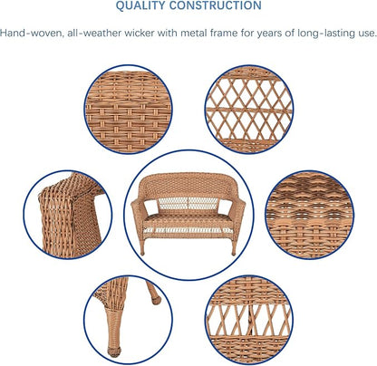 Jeco Wicker Patio Love Seat and Coffee Table Set in Honey Without Cushion - Image 7