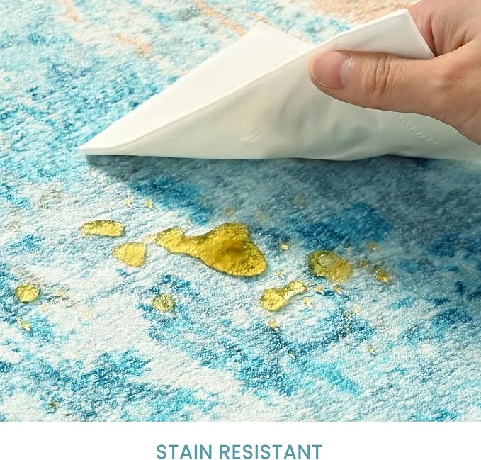 Area Rug 4x6 Teal Blue Rug Washable Boho Rugs Non Slip Low Pile Abstract Small - Image 7