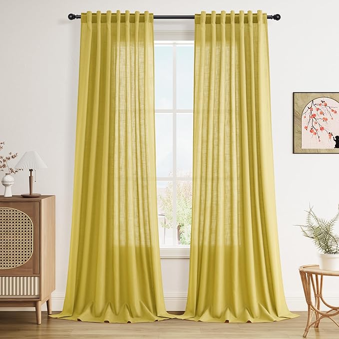 Celery Yellow Linen Curtains 90 Inches Long 2 Panel Set Back Tab Rod Pocket by Nanspring