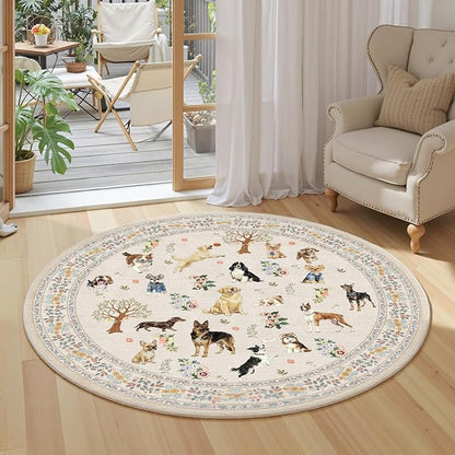 Beige 4Ft Round Area Rug for Living Room Bedroom | Stain Resistant; Non Slip; - Image 3