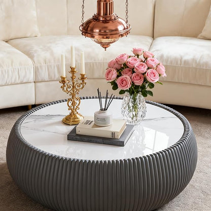 SSLine Round Drum Coffee Table Modern Sintered Stone Top Coffee Table in Grey - Image 7
