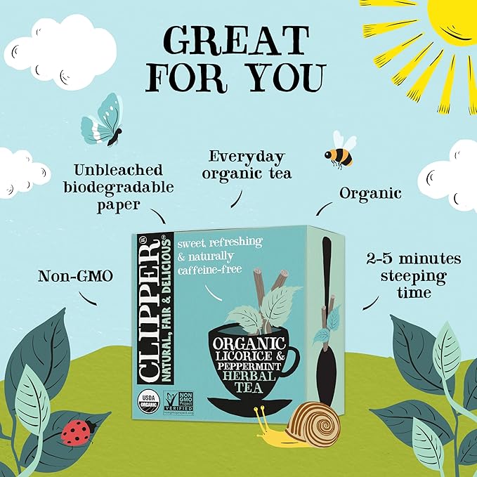 Clipper Tea Peppermint & Licorice Teabags – Caffeine Free, USDA Organic, Great Hot or Iced – Sweet, Refreshing, Natural, Fair & Delicious Sweet – 50 Tea Bags