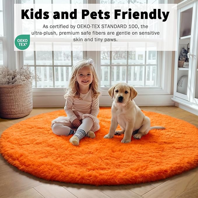 Orange Round Area Rugs 4ft for Bedroom Living Room, Fluffy Circle Rug for Kids - Image 3