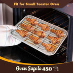 E-far Small Metal Toaster Oven Tray with Rack Set, 9.4”x7.3” Baking Sheet Broiling Pan with Stainless Steel Wire Cooling Rack, Non-Toxic Compact Bakeware for Toaster Oven - Dishwasher Safe