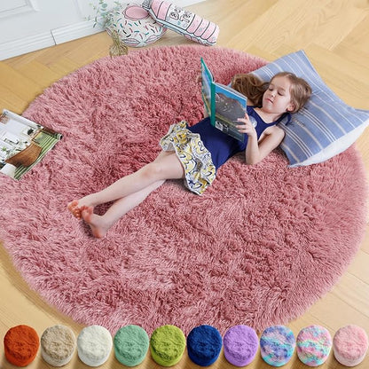Amdrebio Blush Pink Large Round Shag Rug 6Ft by Amdrebio