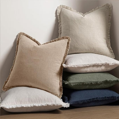 MIULEE Boho Linen Fringe Decorative Throw Pillow Covers Camel 20x20 | Set of 2 - Image 5