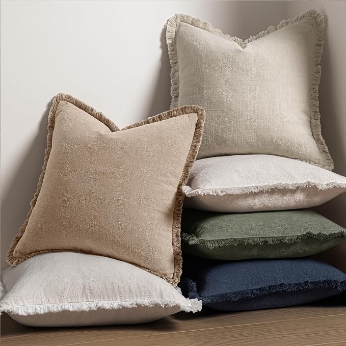 MIULEE Boho Linen Fringe Decorative Euro Throw Pillow Covers Camel 22x22 | Set - Image 5