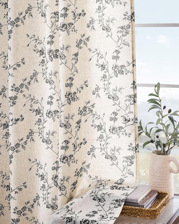 Black Vintage Floral Linen Curtains Farmhouse 38W X 63L 2 Panels | Elisa Series - Image 8