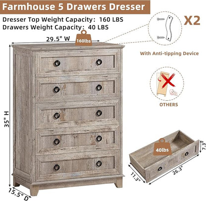 Joaxswe Farmhouse 5 Drawer Dresser - Image 2