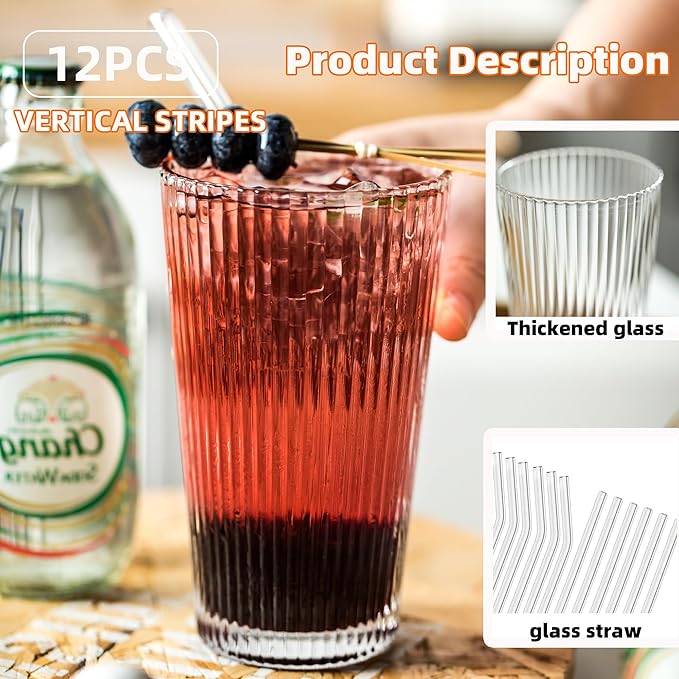KEMORELA 12-Piece Vintage Ribbed Glassware Set, Old Fashioned Glasses, 16oz Clear Drinking Glasses with Straws, Ideal for Party and Casual Drinking - Classic Design for Any Occasion