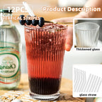 KEMORELA 12-Piece Vintage Ribbed Glassware Set, Old Fashioned Glasses, 16oz Clear Drinking Glasses with Straws, Ideal for Party and Casual Drinking - Classic Design for Any Occasion