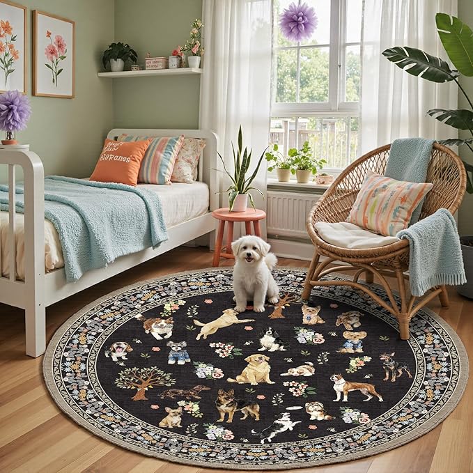 Black 4Ft Round Dogs Area Rug for Living Room Bedroom | Stain Resistant; Non by WelcometoBabovid