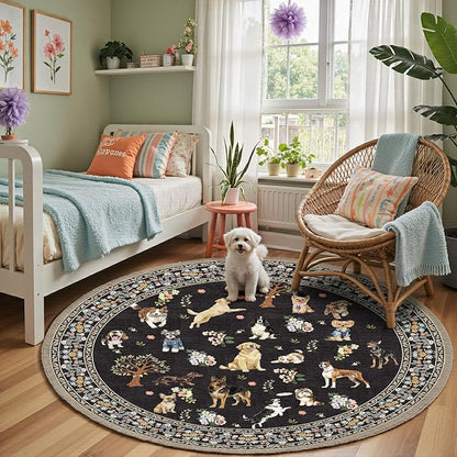 Black 4Ft Round Dogs Area Rug for Living Room Bedroom | Stain Resistant; Non by WelcometoBabovid