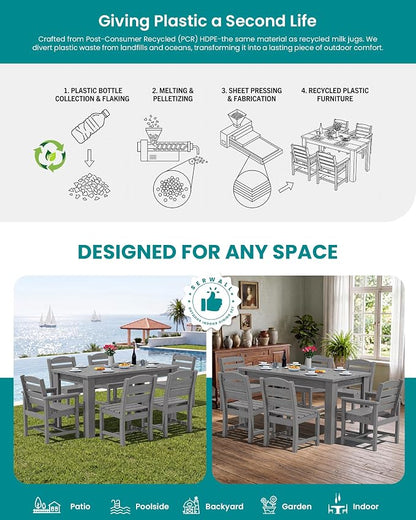 SERWALL HDPE Dining Set for 6: 1 Umbrella Hole Table, 4 Armless + 2 Armchairs. - Image 7