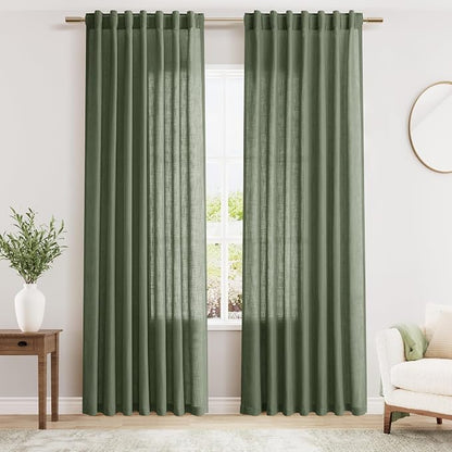 Olive Green Linen Blend Semi Sheer Light Filtering Curtains 86 Inches Long 2 by Nanspring