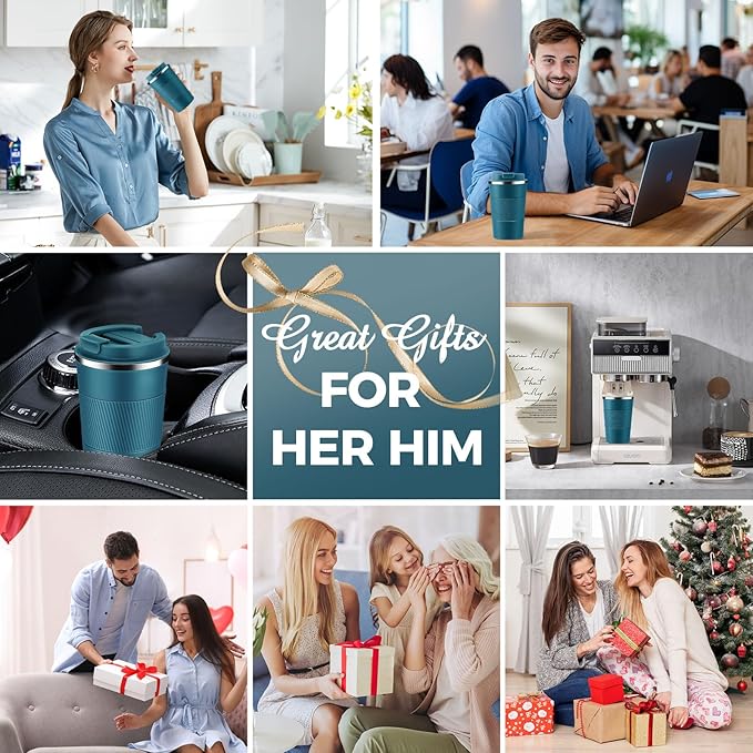 Volhoply 13 oz Stainless Steel Insulated Travel Coffee Mug with Fip Lid Bulk 2 Pack,Reusable Double Wall Vacuum Metal Coffee Cup,Portable Leak Proof Thermal Tumbler for Hot&Cold Drinks(Assort Color,2)
