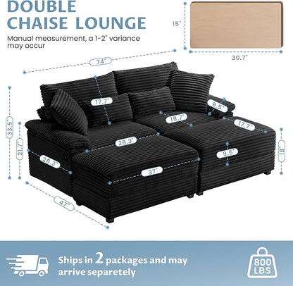SUNWAVE 74" W Double Chaise Lounge Chair Indoor, Oversized Loveseat - Image 2