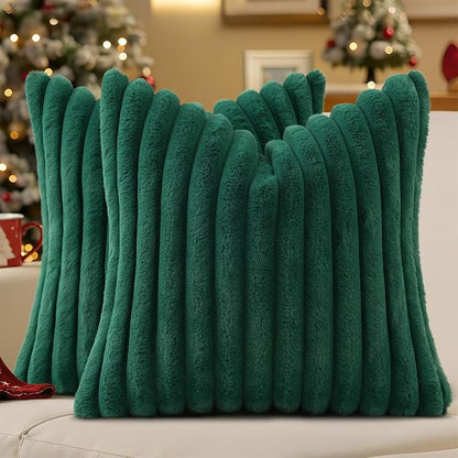 decorUhome Fall Faux Fur Throw Pillow Covers 18x18 Set of 2 Christmas Green | by decorUhome