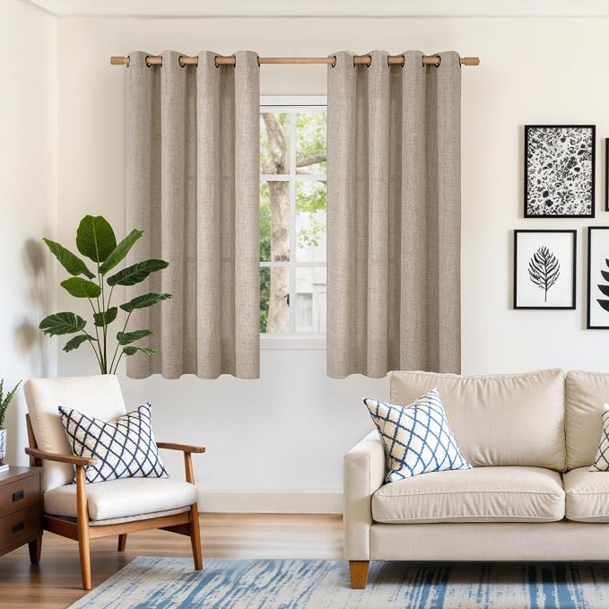 YoungsTex Oatmeal Linen Curtains 45 Inch Length, Burlap Semi Sheer Drapes - Image 2