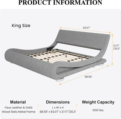 SHA CERLIN King Size Upholstered Bed Frame, Deluxe Low Profile Sleigh Bed - Image 2