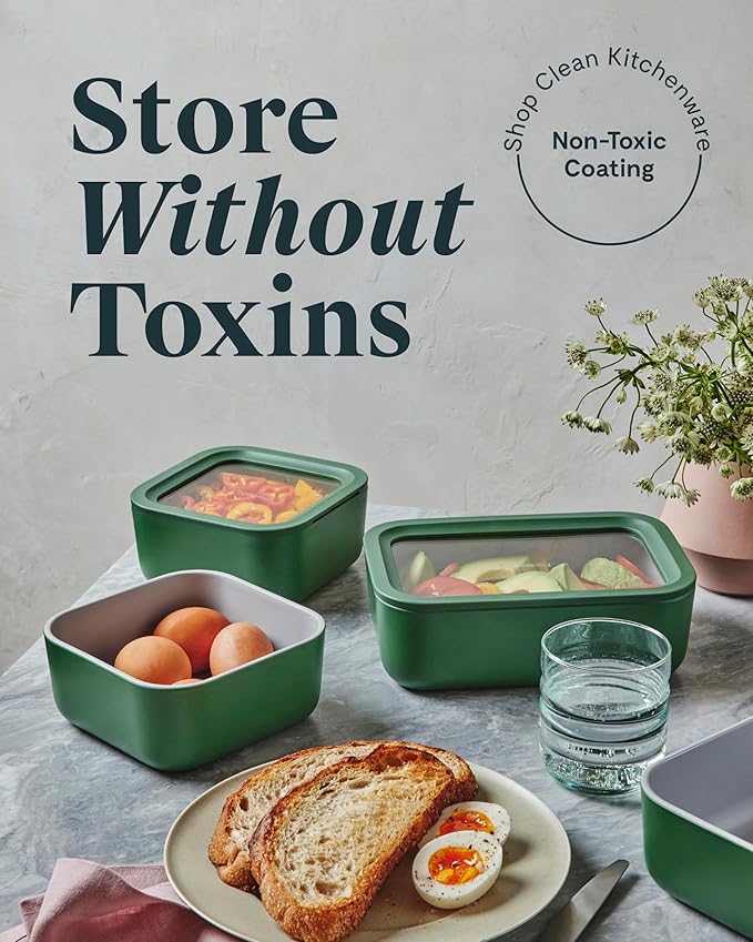Caraway 2pc Glass Food Storage Set - 6.6 Cup Food Containers (2) - Ceramic Coated - Non Toxic, Non Stick Lunch Box with Lids. Dishwasher, Oven, & Microwave Safe - Perracotta