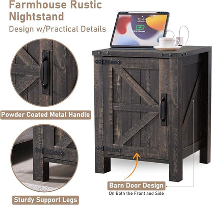 OKD Nightstand with Charging Station, 18 Inch Farmhouse End Table with Barn - Image 6