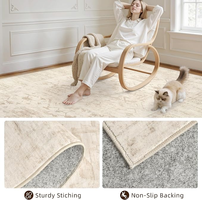 4x6 Area Rugs Living Room: Bedroom Washable Carpet Beige/Brown | Large Vintage - Image 4