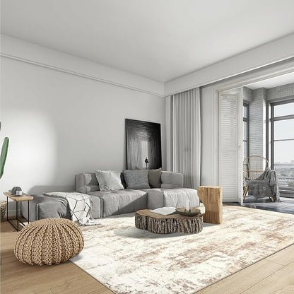 6x9 Area Rugs for Living Room: Washable Abstract Beige Grey Badroom Carpet | - Image 3
