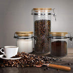 Urban Green Borosilicate Glass Storage Jars with Airtight Locking Clamp Lids, Airtight Canister Set，Coffee Set of 3 with Spoon (50oz, 24oz, 18oz), Storage Containers with Bamboo Lid