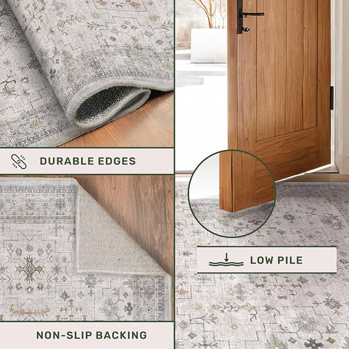 Washable Light Gray & Sage 2'6"x8' Wide Runner Rugs - Image 5