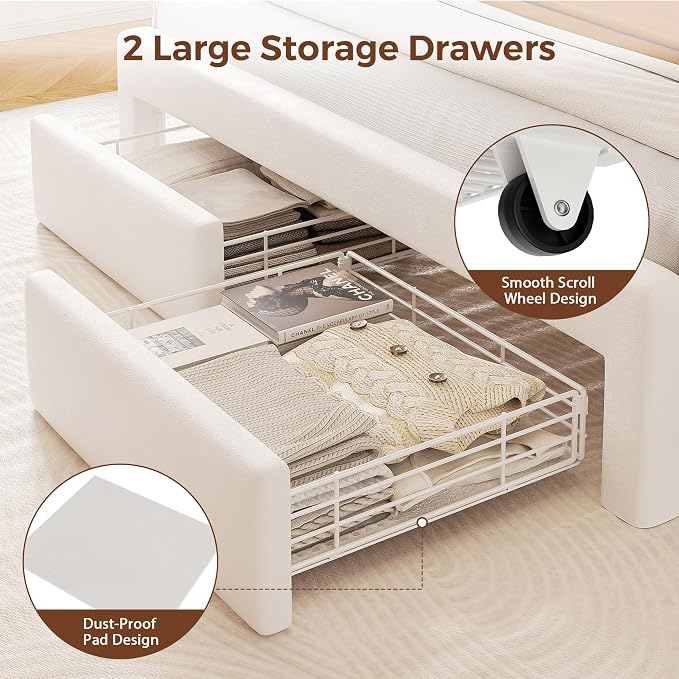 Queen Size Bed Frame with LED Storage Headboard & 2 Storage Drawers, Velvet - Image 8
