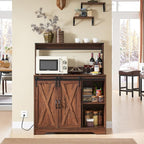 Wnutrees Farmhouse Coffee Bar Cabinet with Charging Station and USB Ports, Sliding Barn Door, 39" Kitchen Hutch Sideboard Buffet Storage Cabinet, Fits Kitchen Dining Living Room, Brown