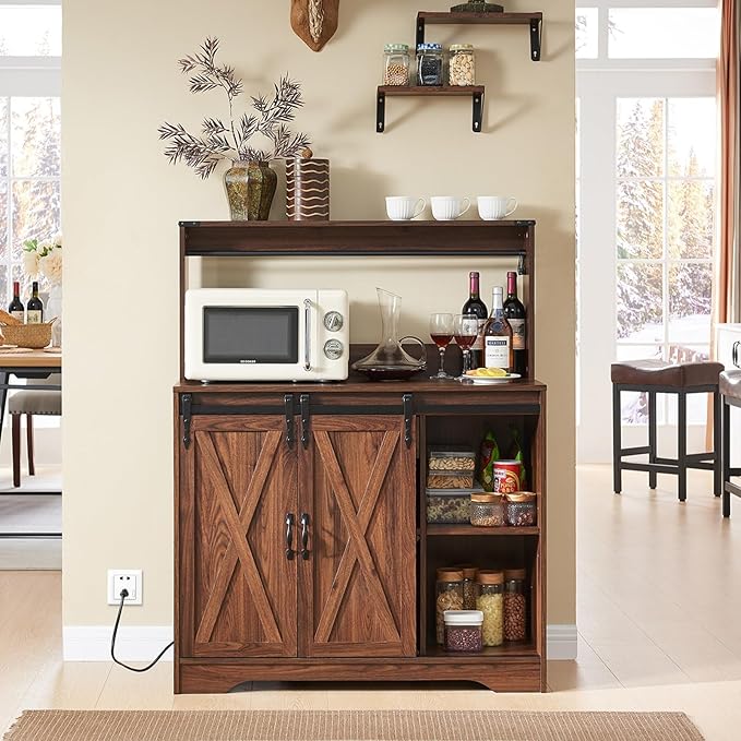 Wnutrees Farmhouse Coffee Bar Cabinet with Charging Station and USB Ports, Sliding Barn Door, 39" Kitchen Hutch Sideboard Buffet Storage Cabinet, Fits Kitchen Dining Living Room, Brown