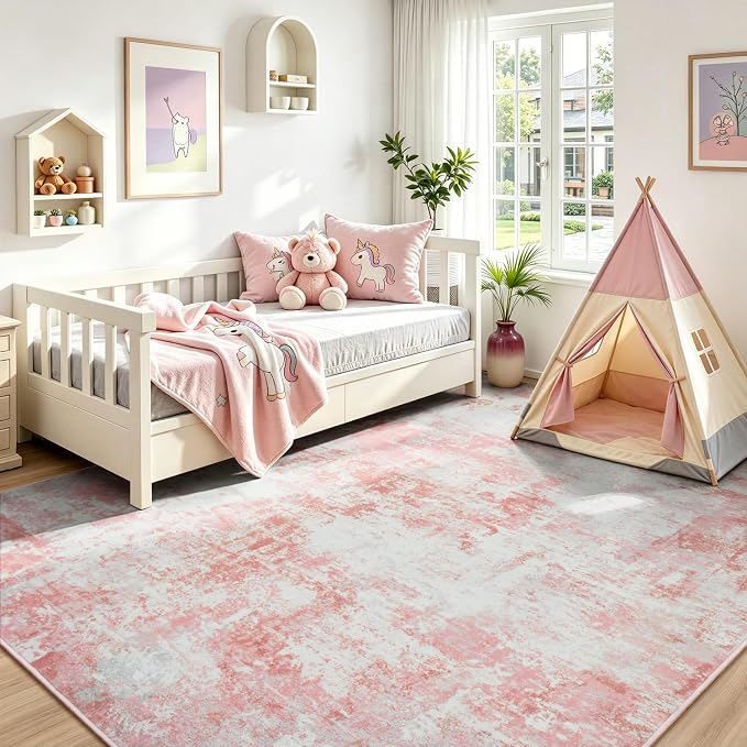 Rugflix 8x10 Area Rugs for Living Room, Washable Pink White Large Rug | Machine by RugflixAreaRugs