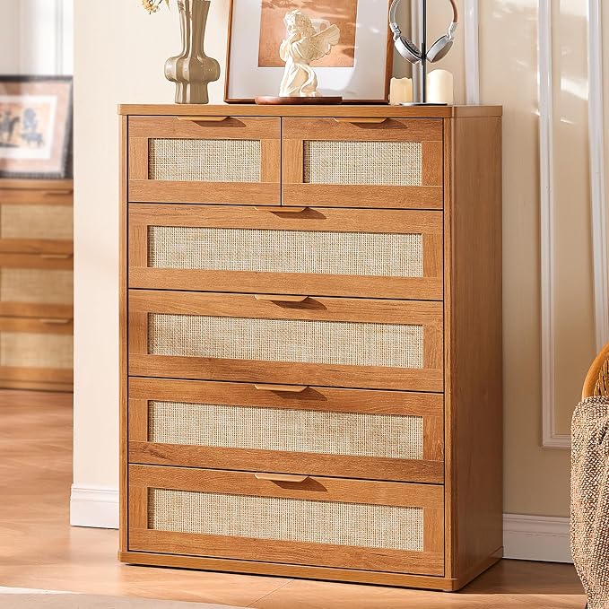 LEYAOYAO Rattan Dresser for Bedroom Set of 2, Modern 6 Drawers Boho Dressers - Image 5