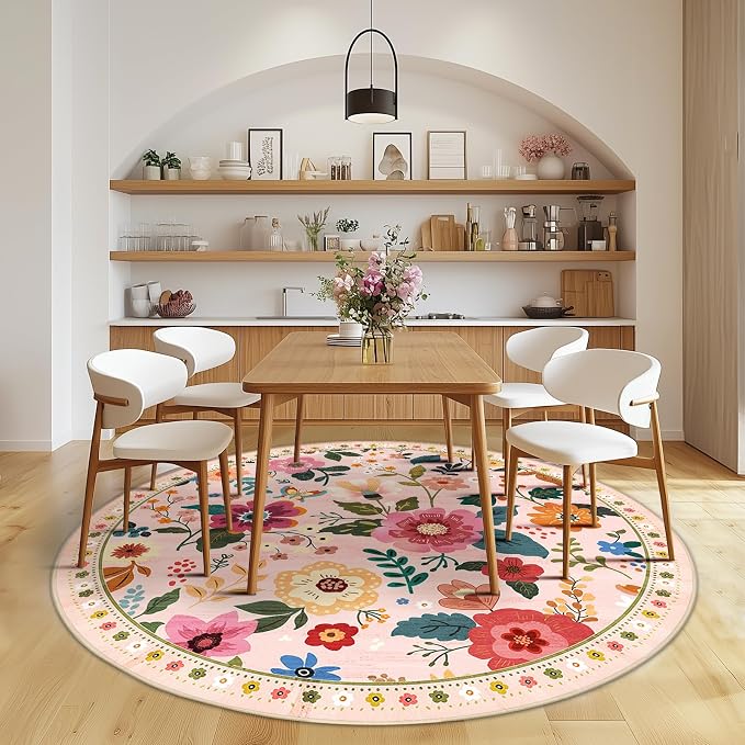 RELEANY Floral Washable Round 8ft Area Rug Pink | Flower Carpet Print Boho Cute - Image 6