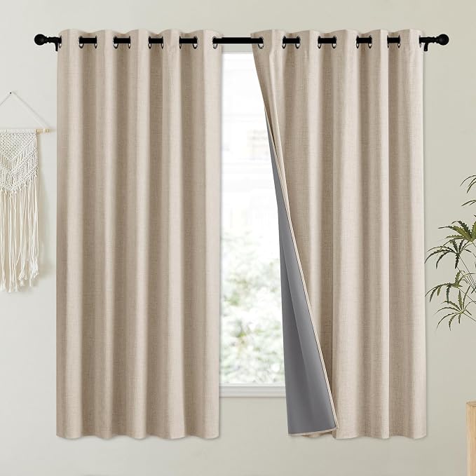 NICETOWN Cream 100% Blackout Linen Curtains 63 inch Long Burg - Image 2